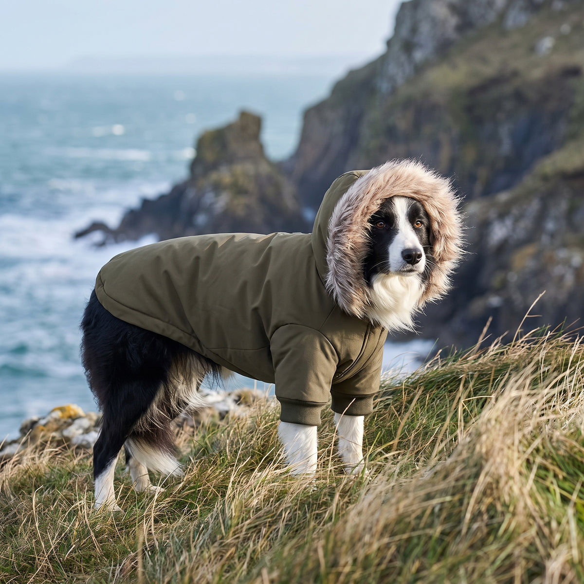Border collie en parka kaki au bord de la mer