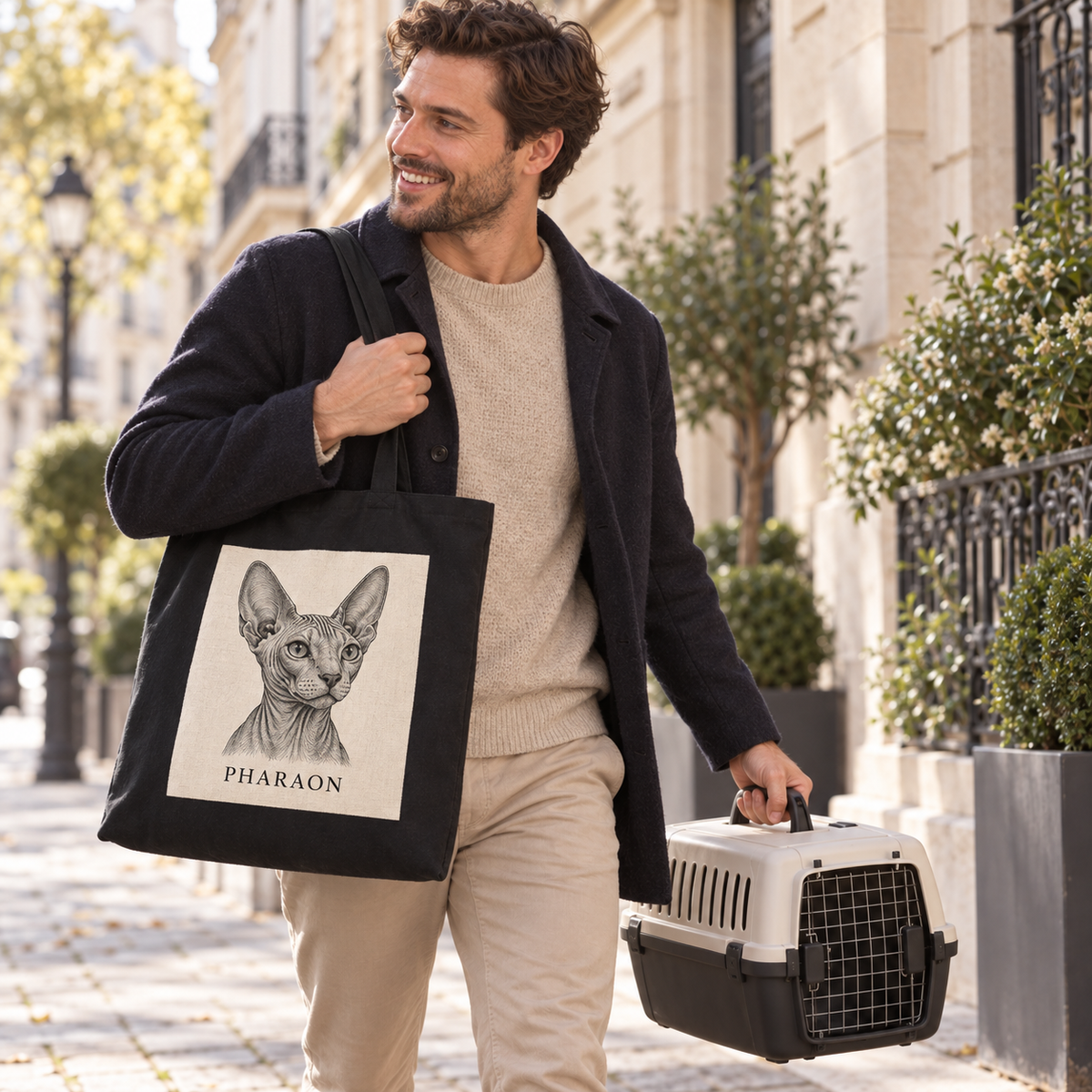 Homme dans Paris avec sa caisse de transport, tote bag noir portrait de son sphynx Pharaon