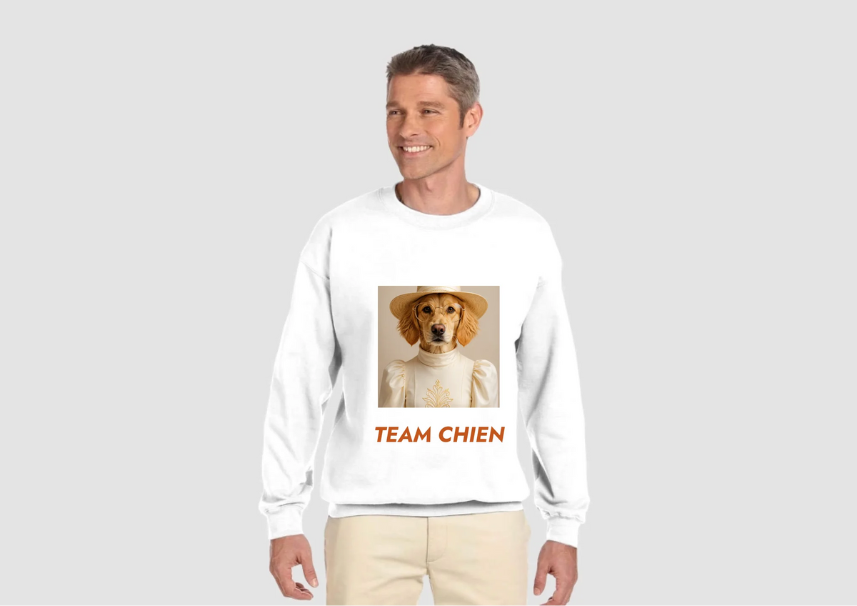 Sweat « Team Chien » personnalisé – portrait IA de votre chien + phrase