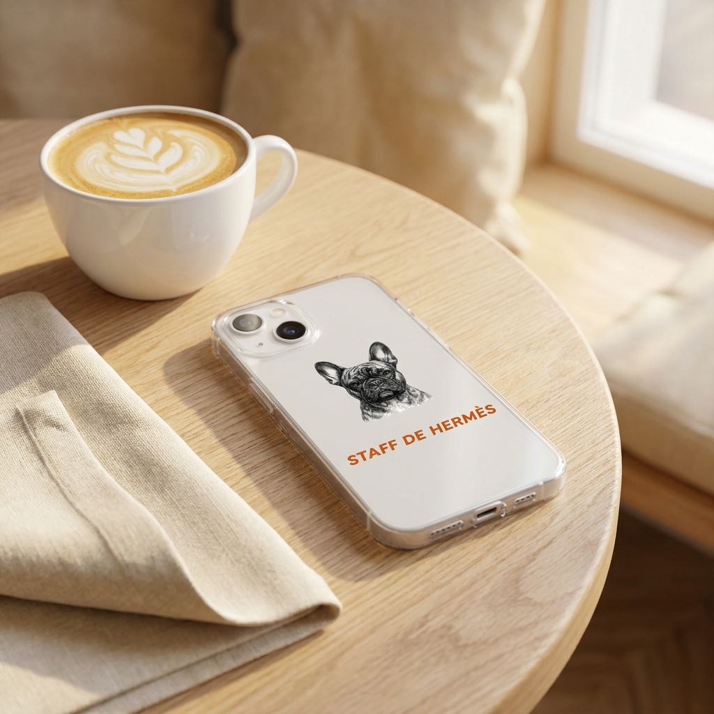 Coque iPhone personnalisée Woufissimo avec le portrait gravé d'un bouledogue français, posée sur une table de café