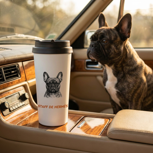 Mug isotherme personnalisé Woufissimo avec le portrait gravé d'un bouledogue français, dans une voiture avec le chien
