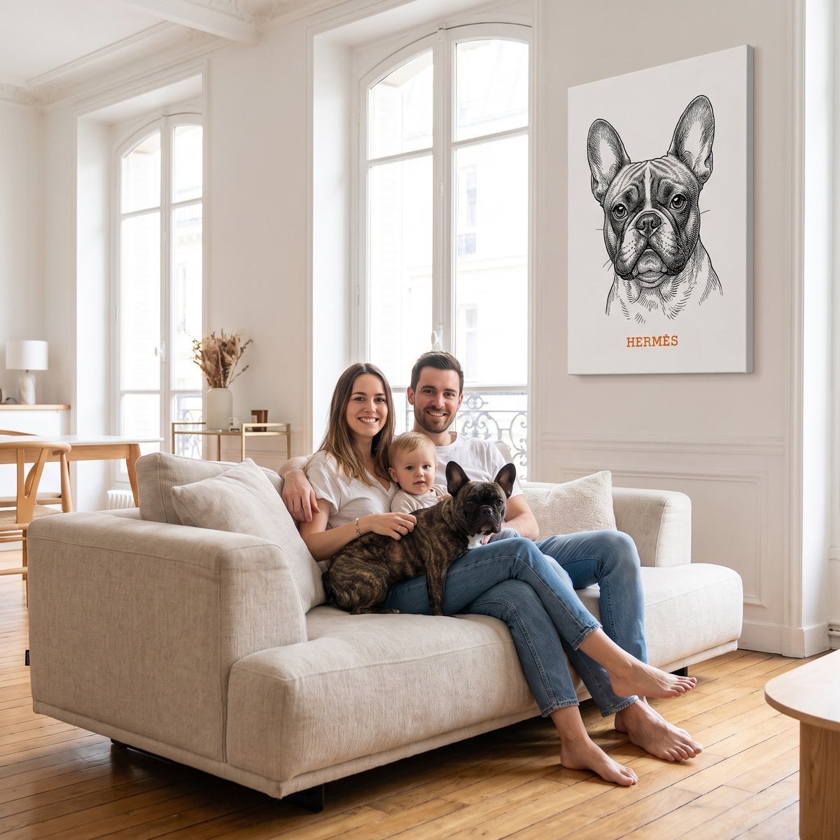Famille avec son bouledogue français, toile portrait Hermès au mur