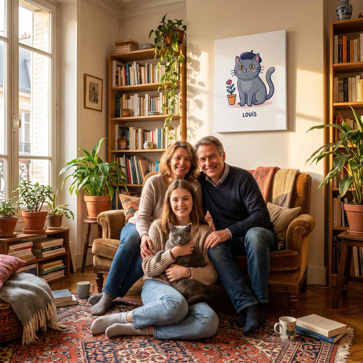 Famille avec son chat chartreux Louis, toile portrait au mur