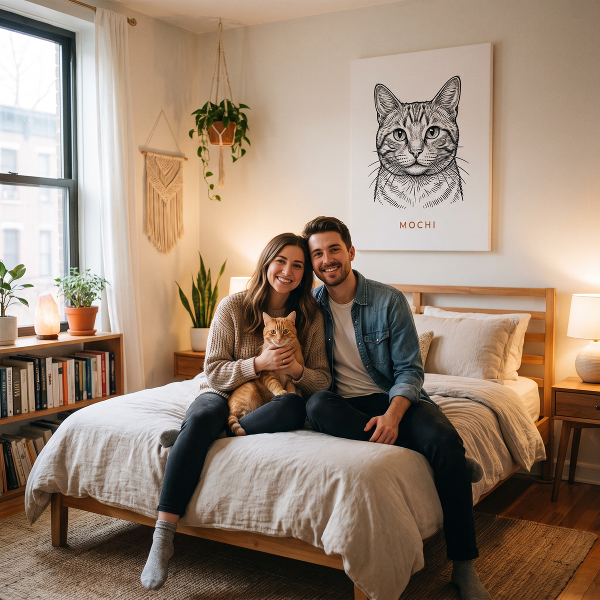 Jeune couple avec leur chat roux Mochi, toile portrait au mur