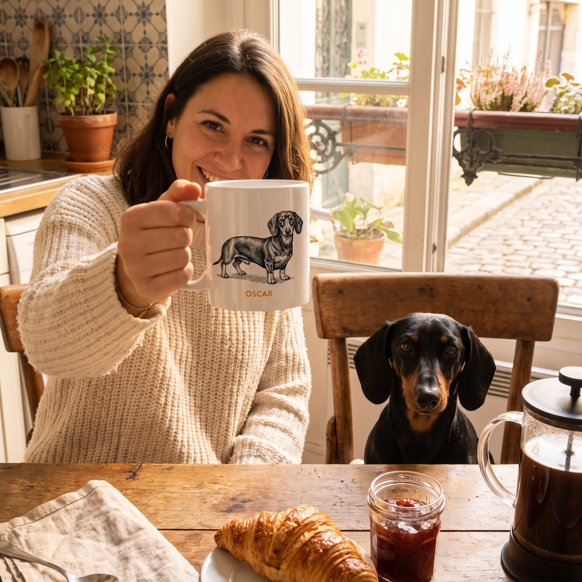 Femme au petit-déjeuner avec son teckel Oscar, mug portrait gravure