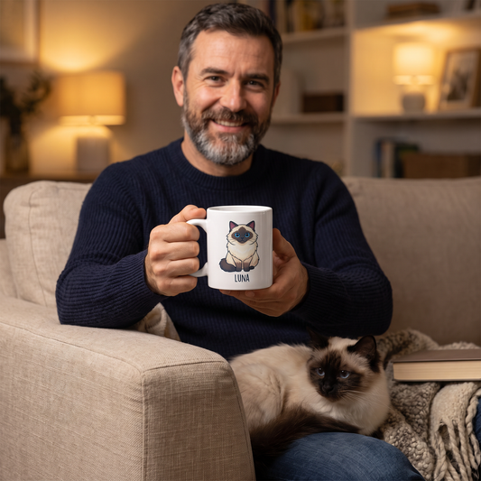 Homme sur son canapé avec sa chatte birmane Luna, mug portrait cartoon
