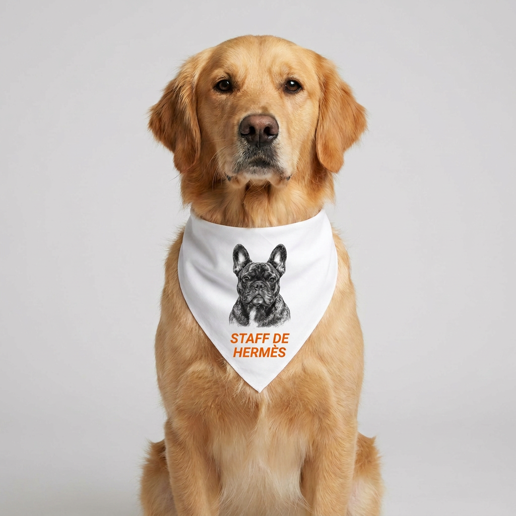 Golden retriever portant le bandana Woufissimo personnalisé avec le portrait gravé d'un bouledogue français et la phrase Staff de Hermès