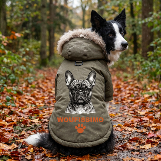 Border collie en parka kaki personnalisée en forêt