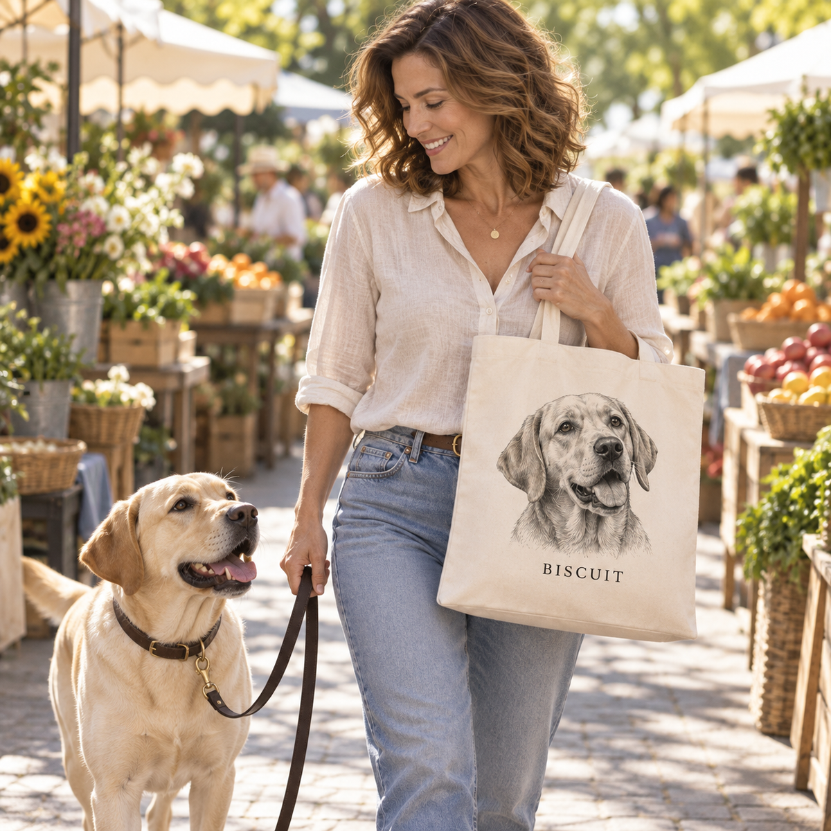 Femme au marché avec son labrador Biscuit, tote bag portrait