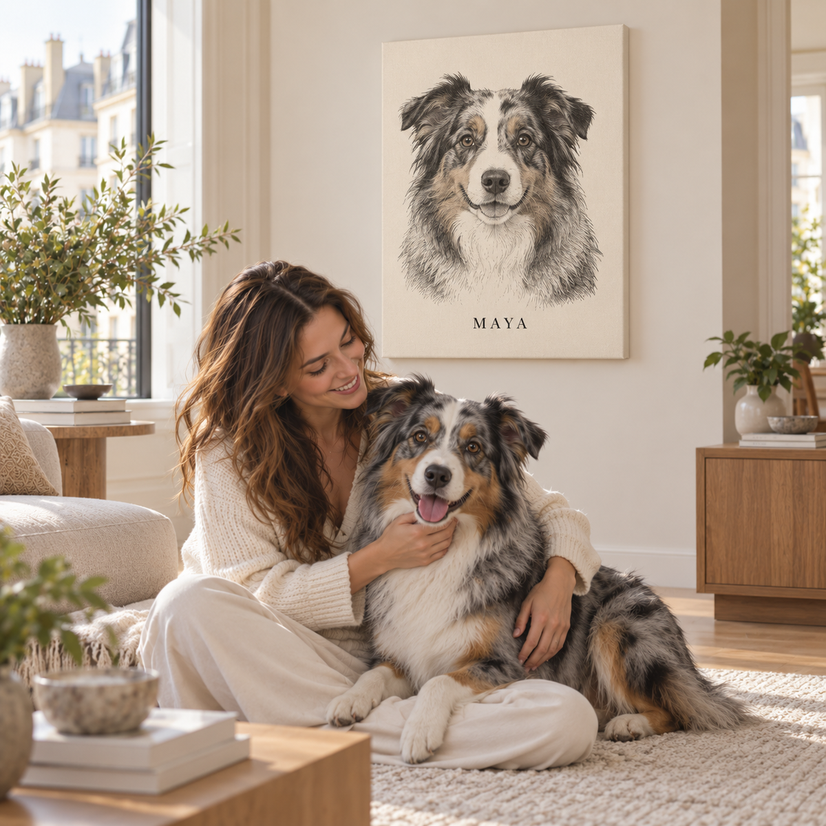 Jeune femme avec son berger australien Maya, toile portrait au mur
