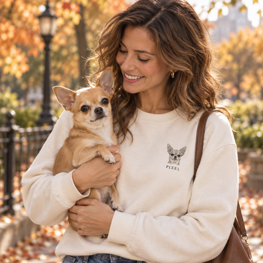 Jeune femme au parc portant le sweat crème au portrait de son chihuahua