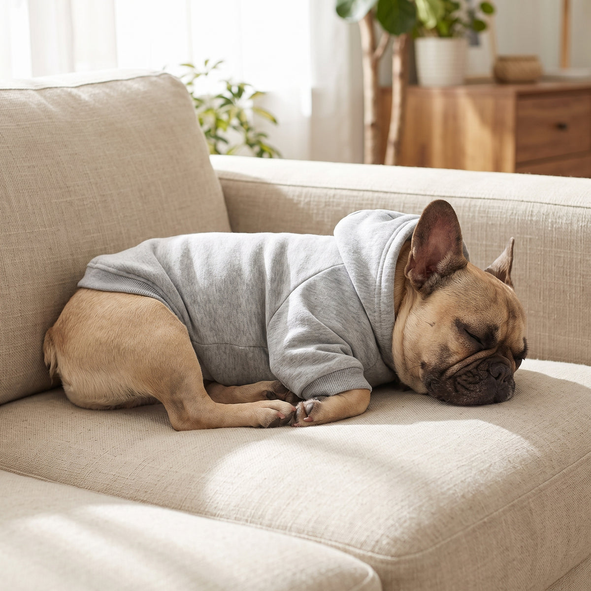 Chien endormi sur le canapé en sweat à capuche gris
