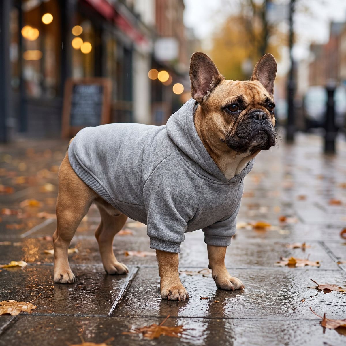 Bouledogue français en sweat à capuche gris dans une rue de Paris