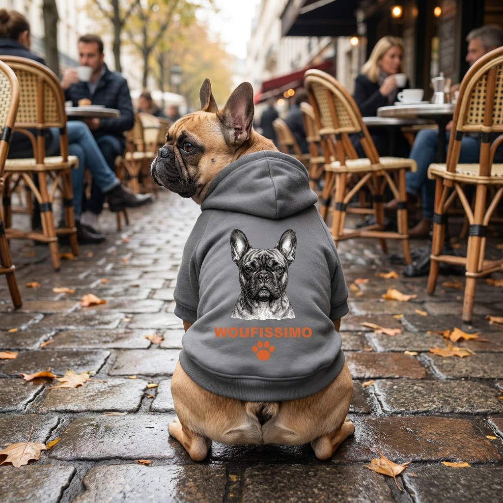 Bouledogue français en sweat à capuche personnalisé : son portrait, WOUFISSIMO et sa patte au dos