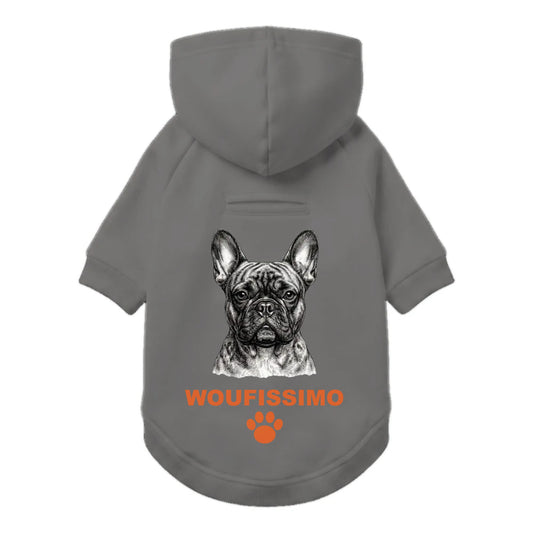 Exemple de personnalisation : sweat chien gris, portrait IA + WOUFISSIMO + patte
