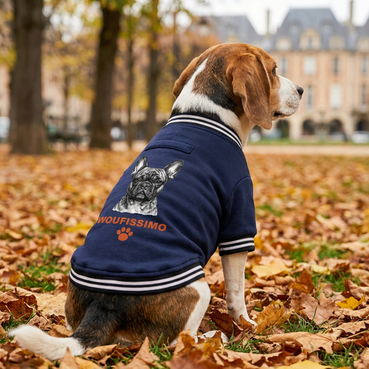 Beagle en veste varsity marine personnalisée dans un parc parisien