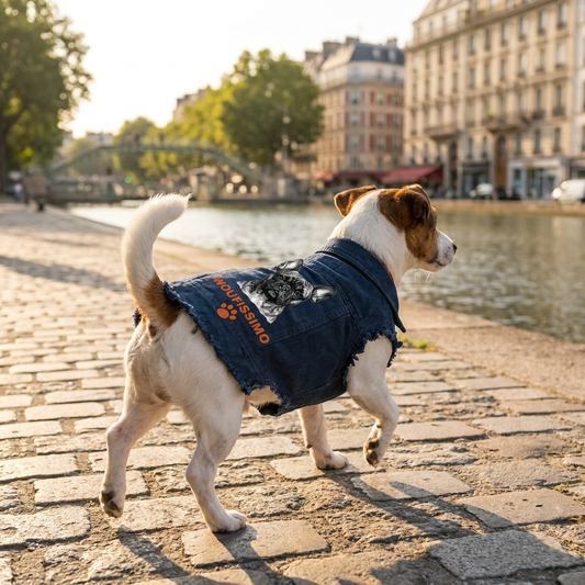 Jack russell en veste en jean personnalisée au bord du canal Saint-Martin